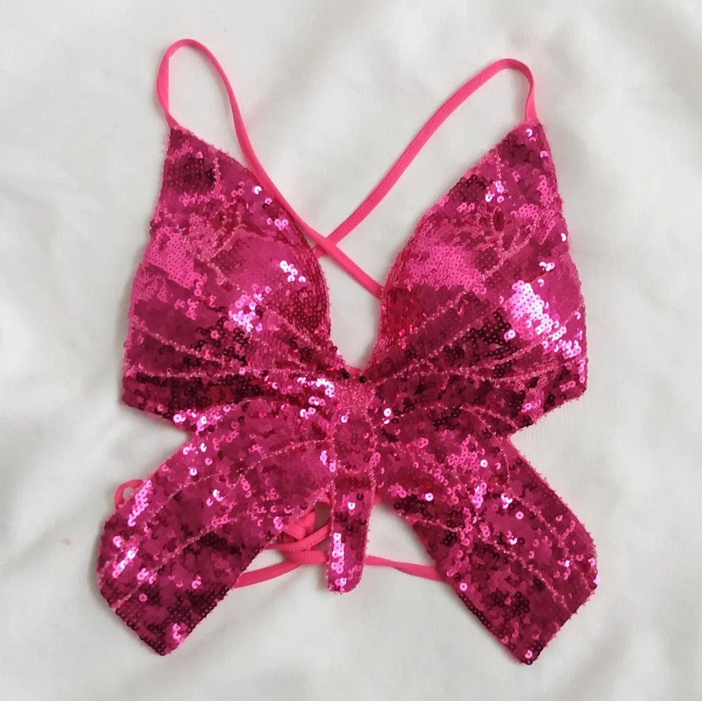 🎉HP🎉Sequin pink crop backless butterfly bra top - Picture 2 of 5